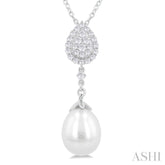 9X7 MM Pear Shape Mount Cultured Pearl Drop and 1/5 ctw Round Cut Diamond Fashion Pendant With Chain in 14K White Gold